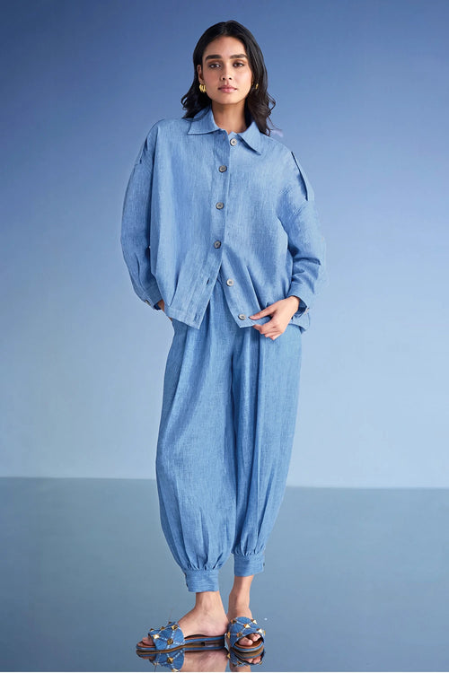 Box Pleated Linen-Textured Shirt and Pant Set