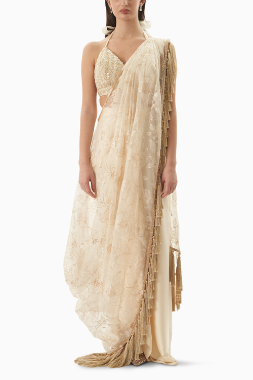 Cream Champagne Pre Drape Saree Set