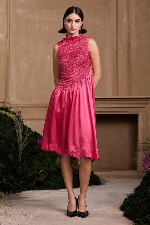 Fuchsia Ruched Cutwork Dress