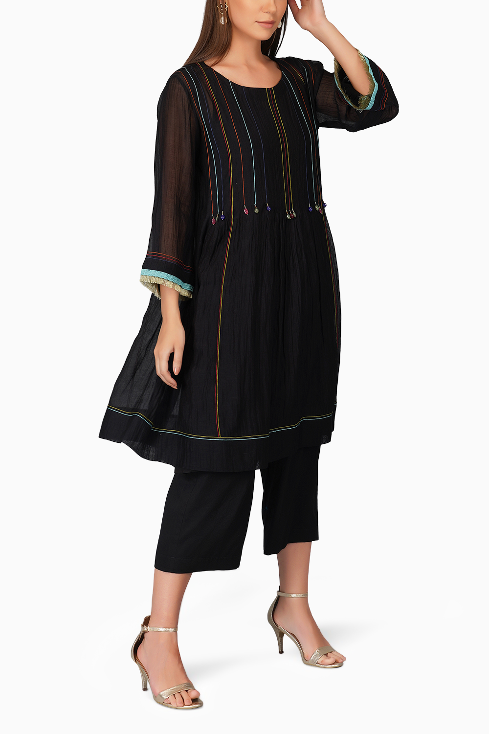 Contrast Thread Pleated Tunic Set