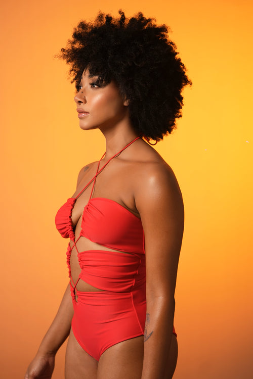 Cherry Ruched Halter Swimsuit