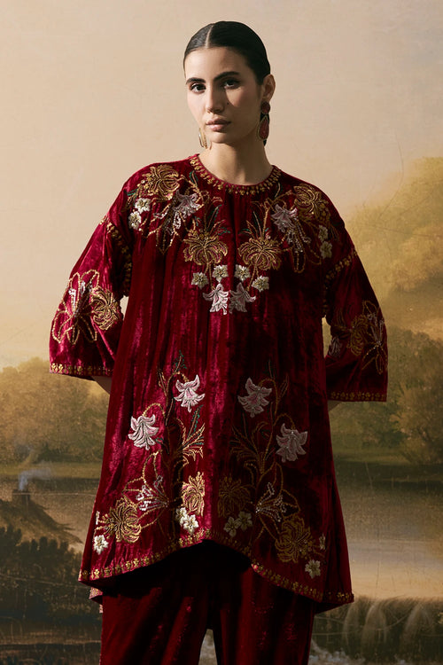 Cherry Red Metallic Short Kurta With Pants