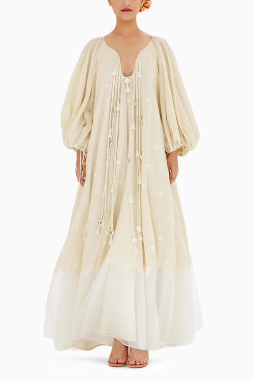 Cream Hand Woven Jamdani Maxi Dress