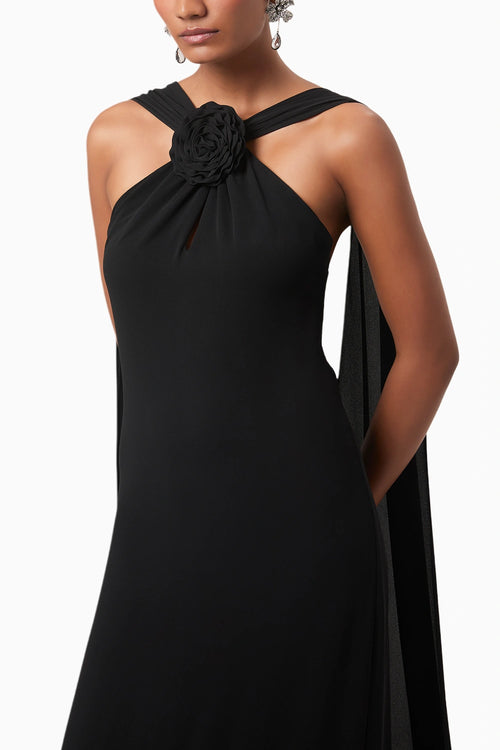 Black Rosette Halter Maxi Gown