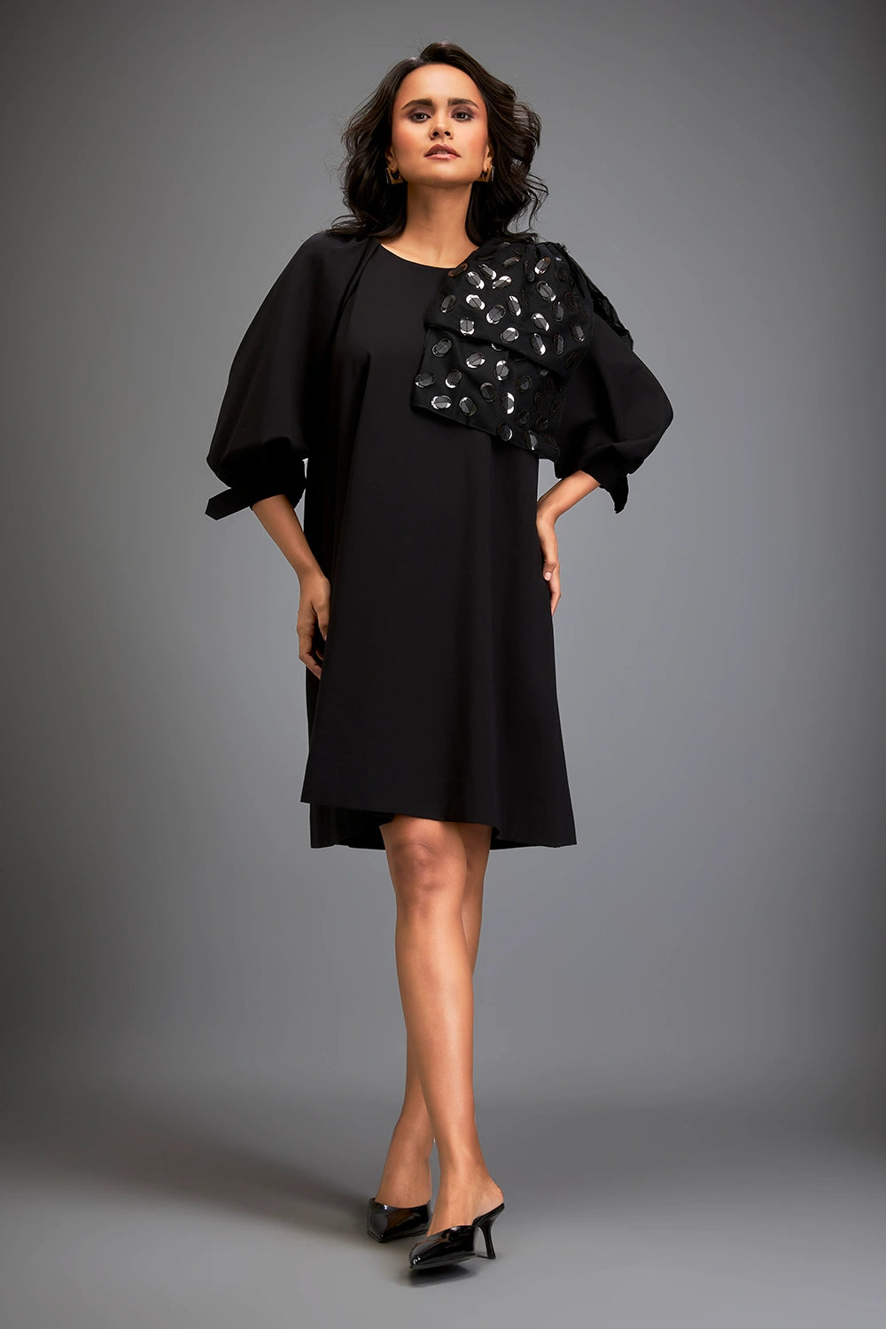 Black Bold Gleam Shoulder Mini Dress