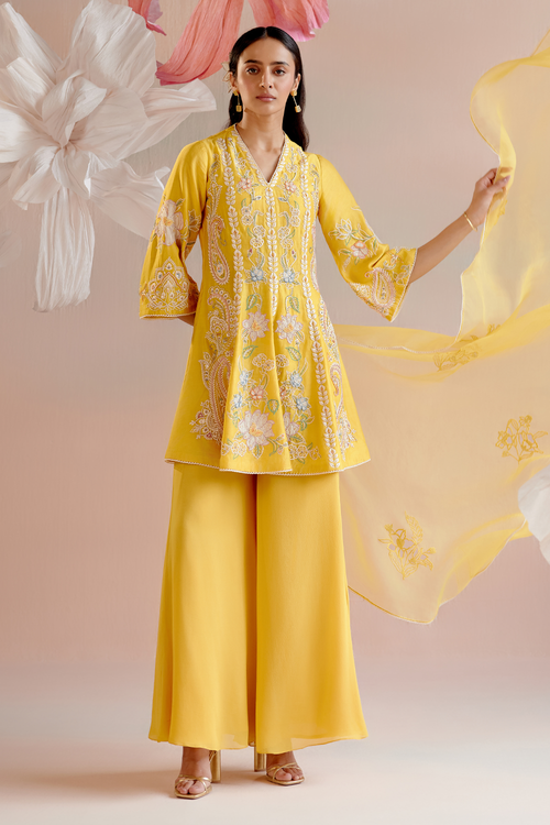 Yellow Contrast Embroidered Short Kurta with Sharara and Dupatta