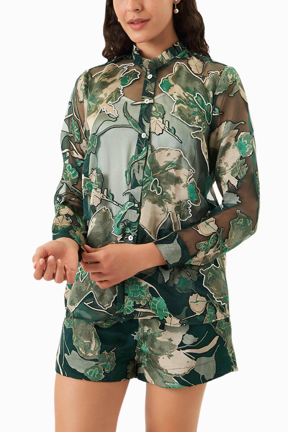 Petal Sheer Green Shorts Set