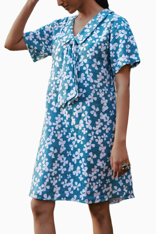 Green Blooms Printed Boho Style Neck-tie Dress