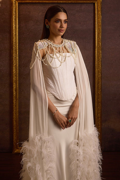 Tanish White Feathered Cape, Corset Top And Bias Fishcut Skirt