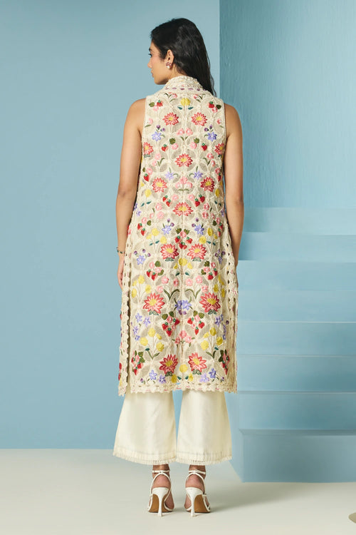 Ivory Floral Threadwork And Beadwork Long Jacket