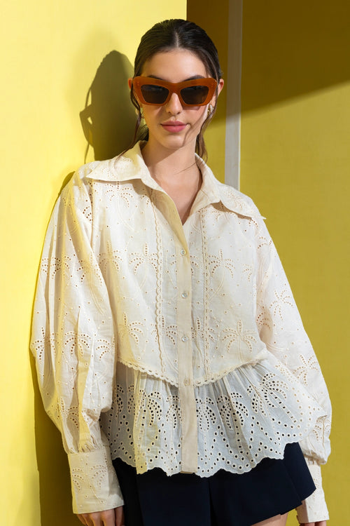 Crème Palm Broderie Scalloped Blouse