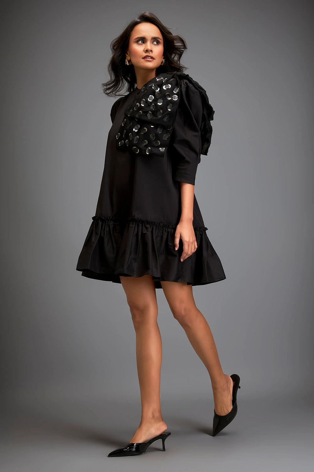 Black Bold Gleam Shoulder Mini Dress