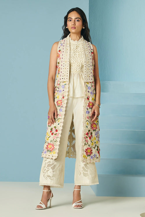 Ivory Floral Threadwork And Beadwork Long Jacket