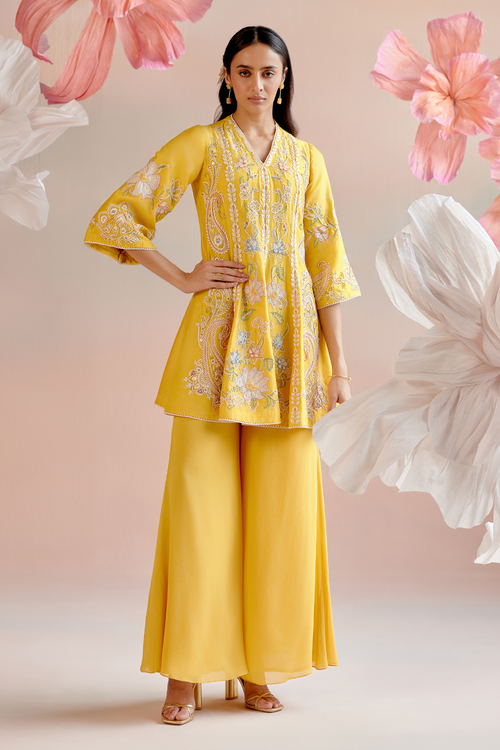 Yellow Contrast Embroidered Short Kurta with Sharara Pant
