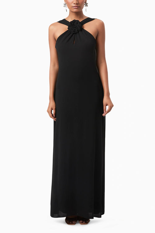 Black Rosette Halter Maxi Gown