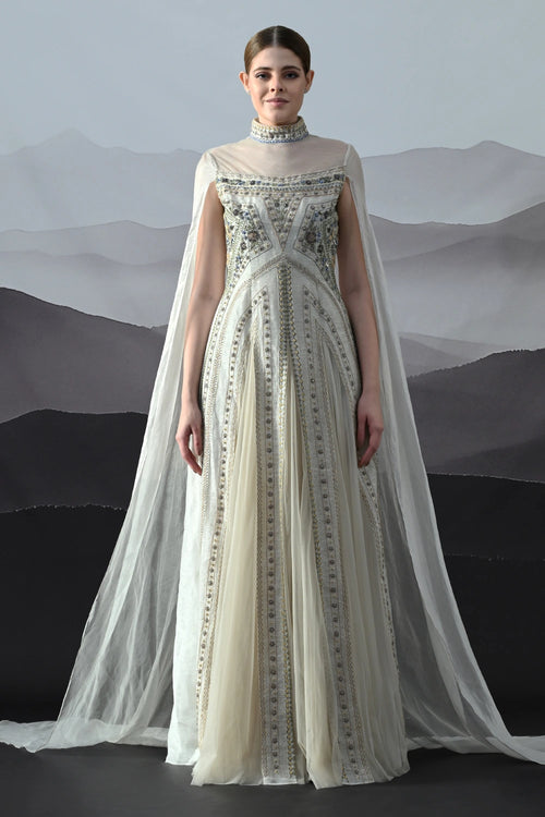 Ivory High Neck Gown With Handworked Panelled Embroidery
