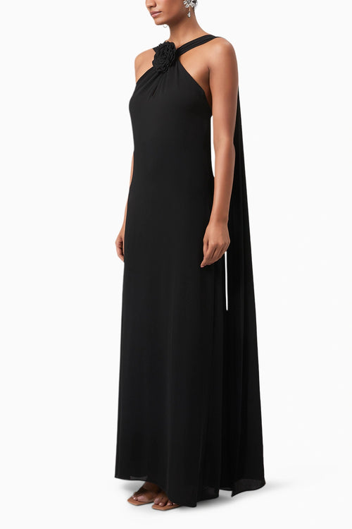 Black Rosette Halter Maxi Gown