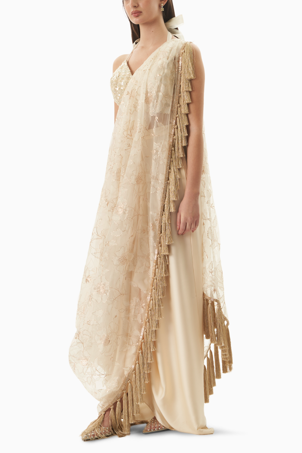 Cream Champagne Pre Drape Saree Set