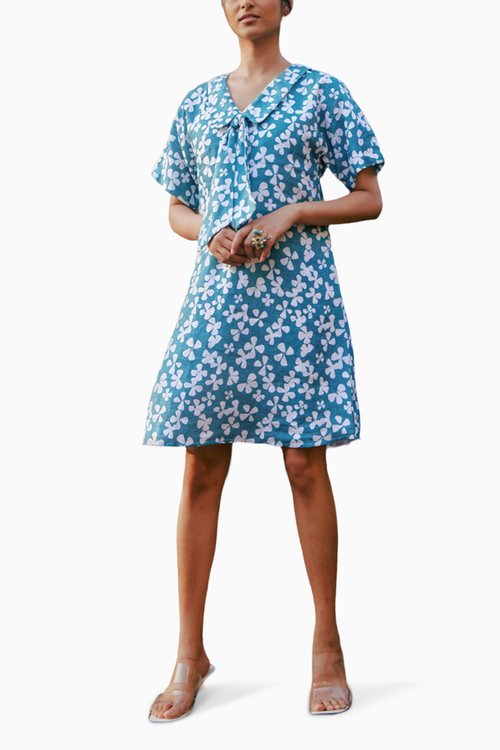 Green Blooms Printed Boho Style Neck-tie Dress