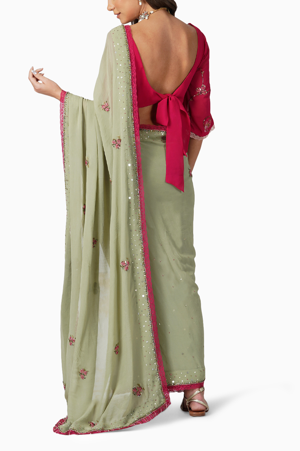 Beaded Flower Saree With Contrast Blouse