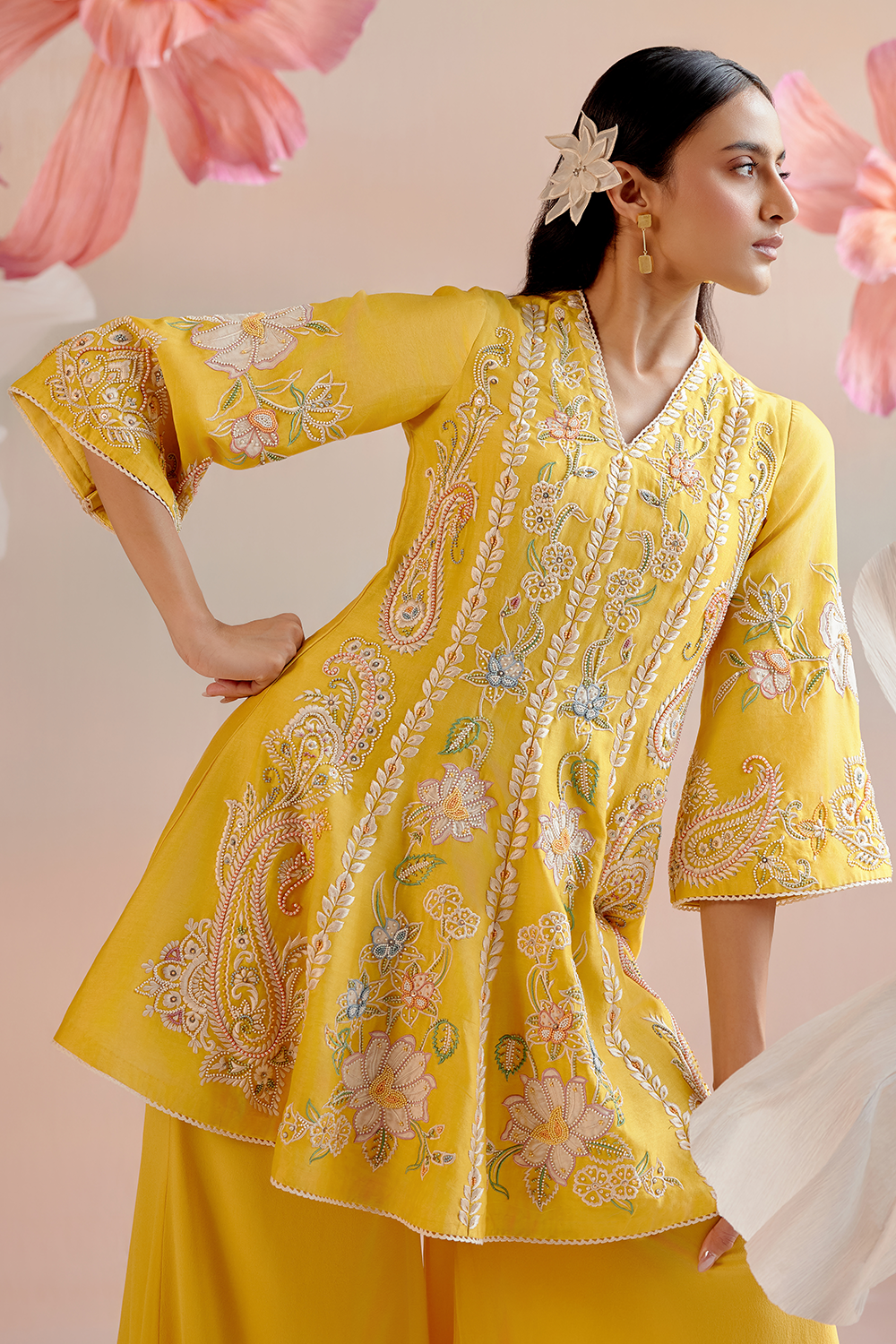 Yellow Contrast Embroidered Short Kurta with Sharara Pant