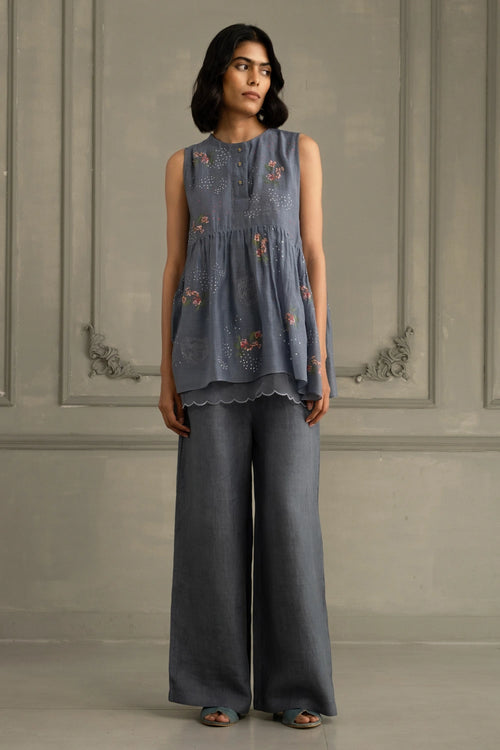 Stone Blue Mul Chanderi Embroidered Top And Linen Flared Pants
