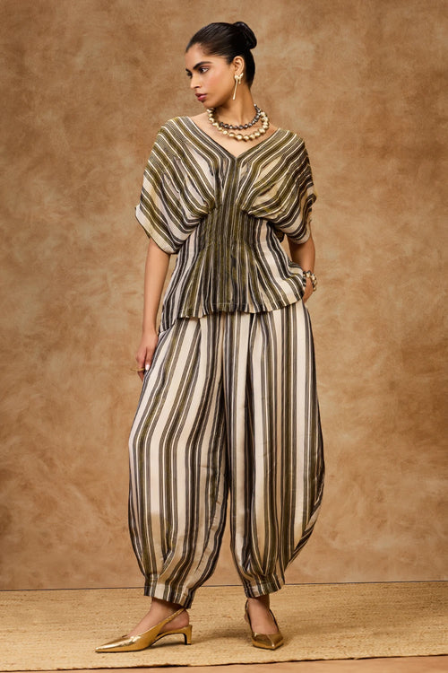 Olive Striped V-Neck Top And Pants Set