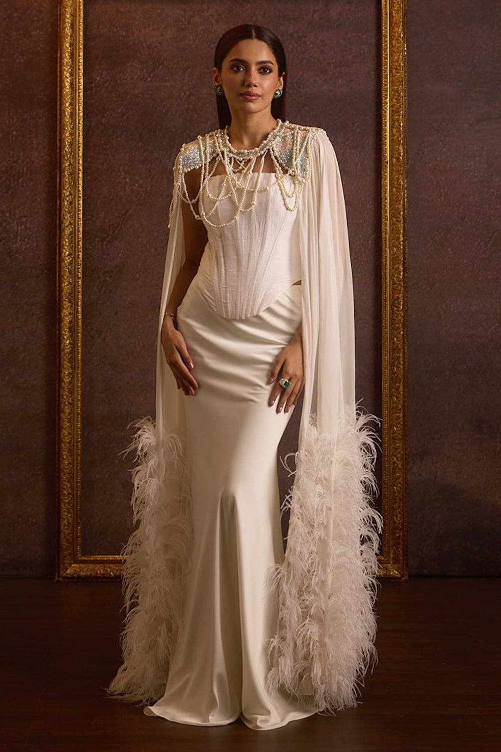 Tanish White Feathered Cape, Corset Top And Bias Fishcut Skirt