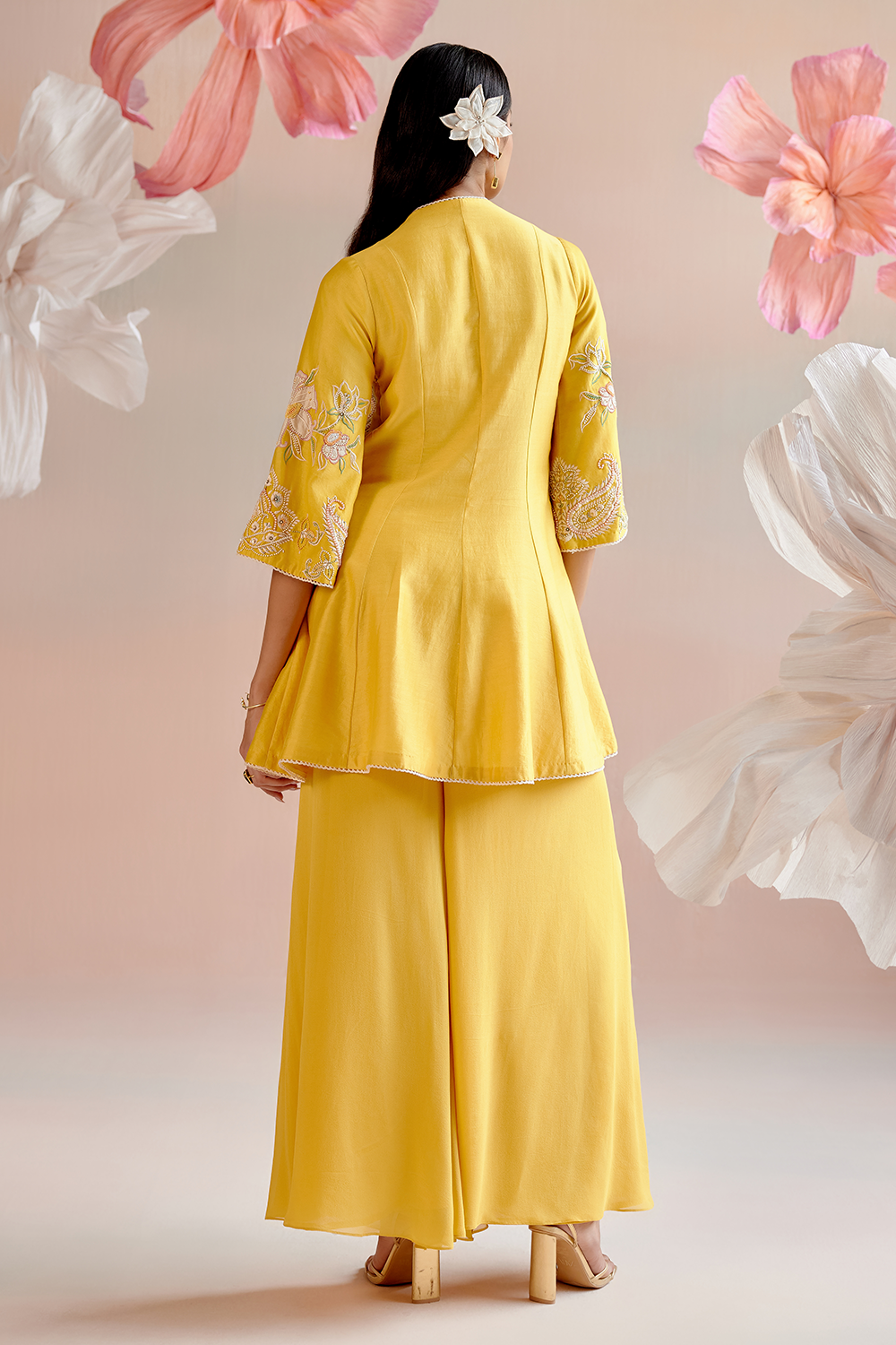 Yellow Contrast Embroidered Short Kurta with Sharara and Dupatta