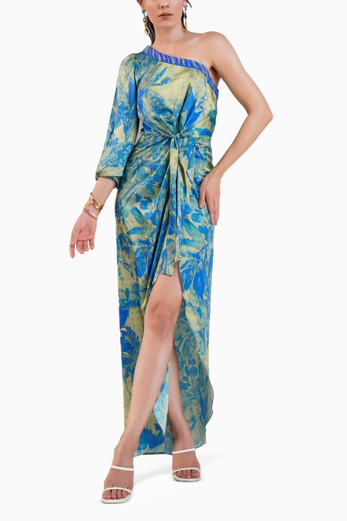 One Shoulder Dress With Knot Detail At Waist