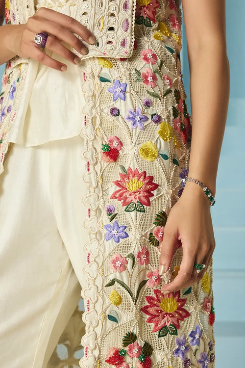 Ivory Floral Threadwork And Beadwork Long Jacket With Top And Pants