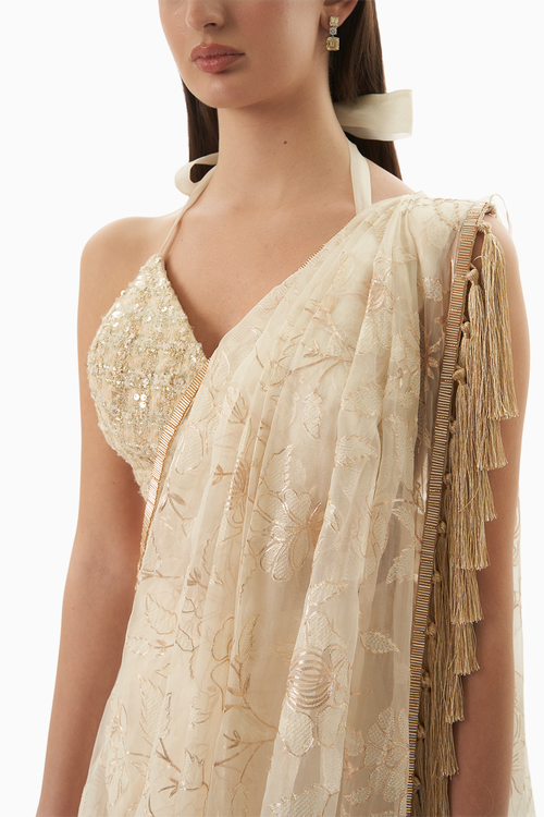 Cream Champagne Pre Drape Saree Set