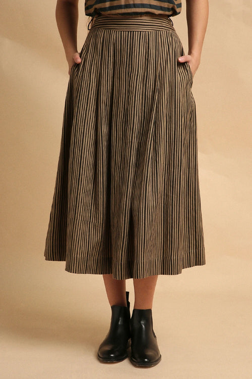 Brown Thin Striped New Sphara Crop Top And Skirt Co-ord Set