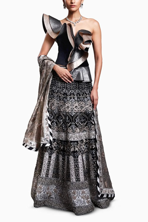 CF Black-Ivory Applique Lehenga Set