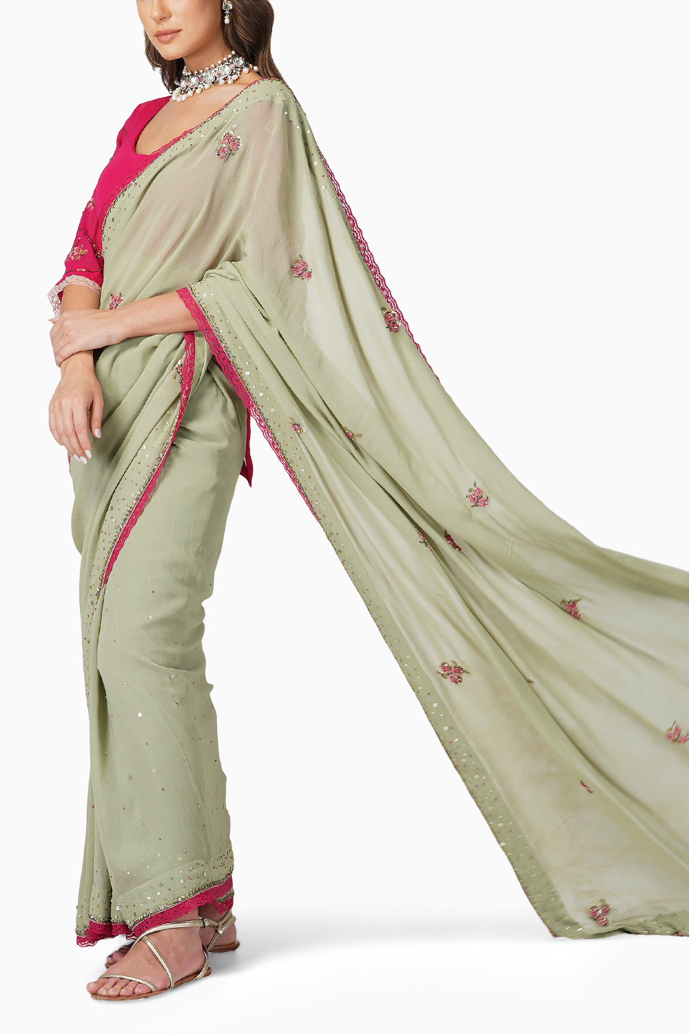 Beaded Flower Saree With Contrast Blouse