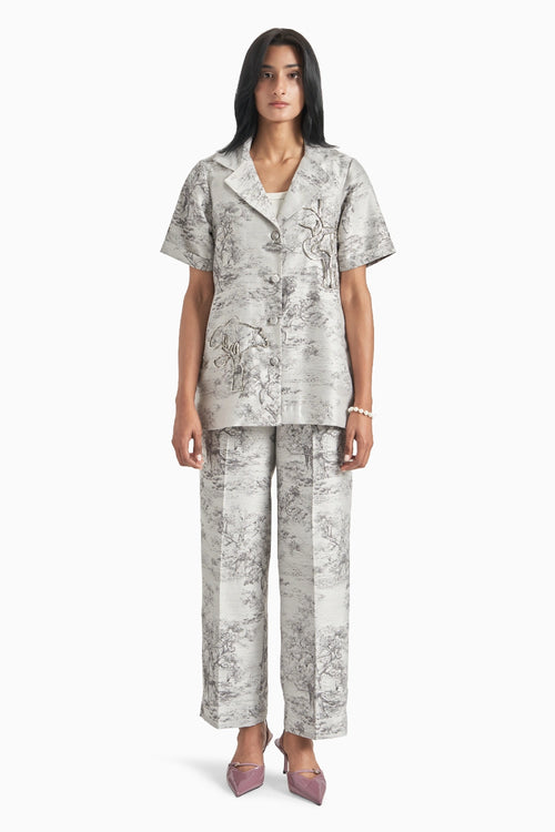 Grey Silk Jacquard Blazer And Pants Set