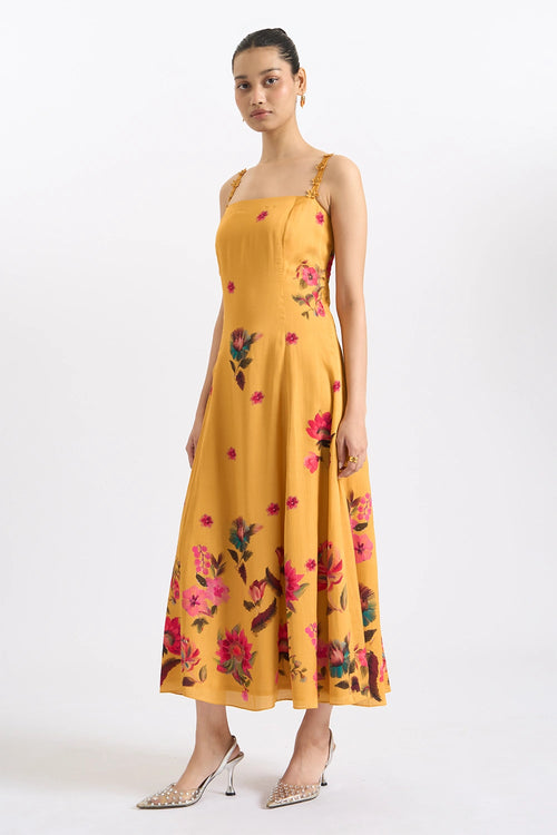 Mustard Blossom Strappy Midi Dress