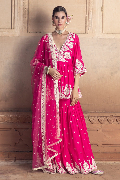 Hot Pink all-over Embroidered Tower Sharara with Dupatta