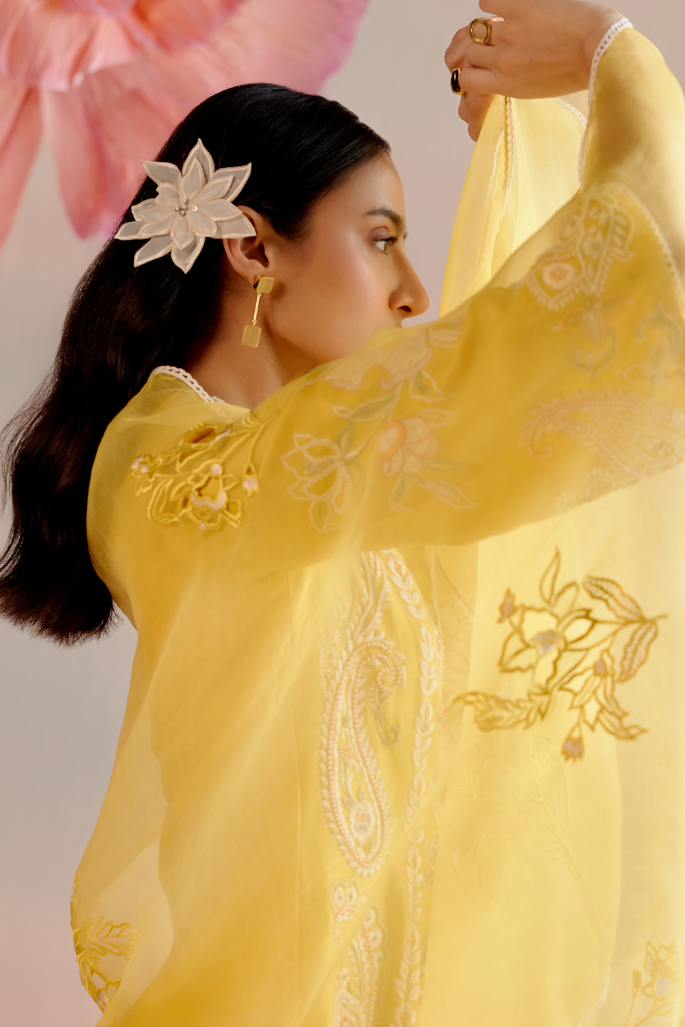 Yellow Contrast Embroidered Short Kurta with Sharara and Dupatta