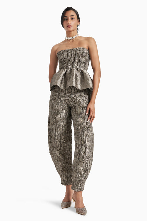 Silver Strapless Babydoll Top With Sculpt Pants