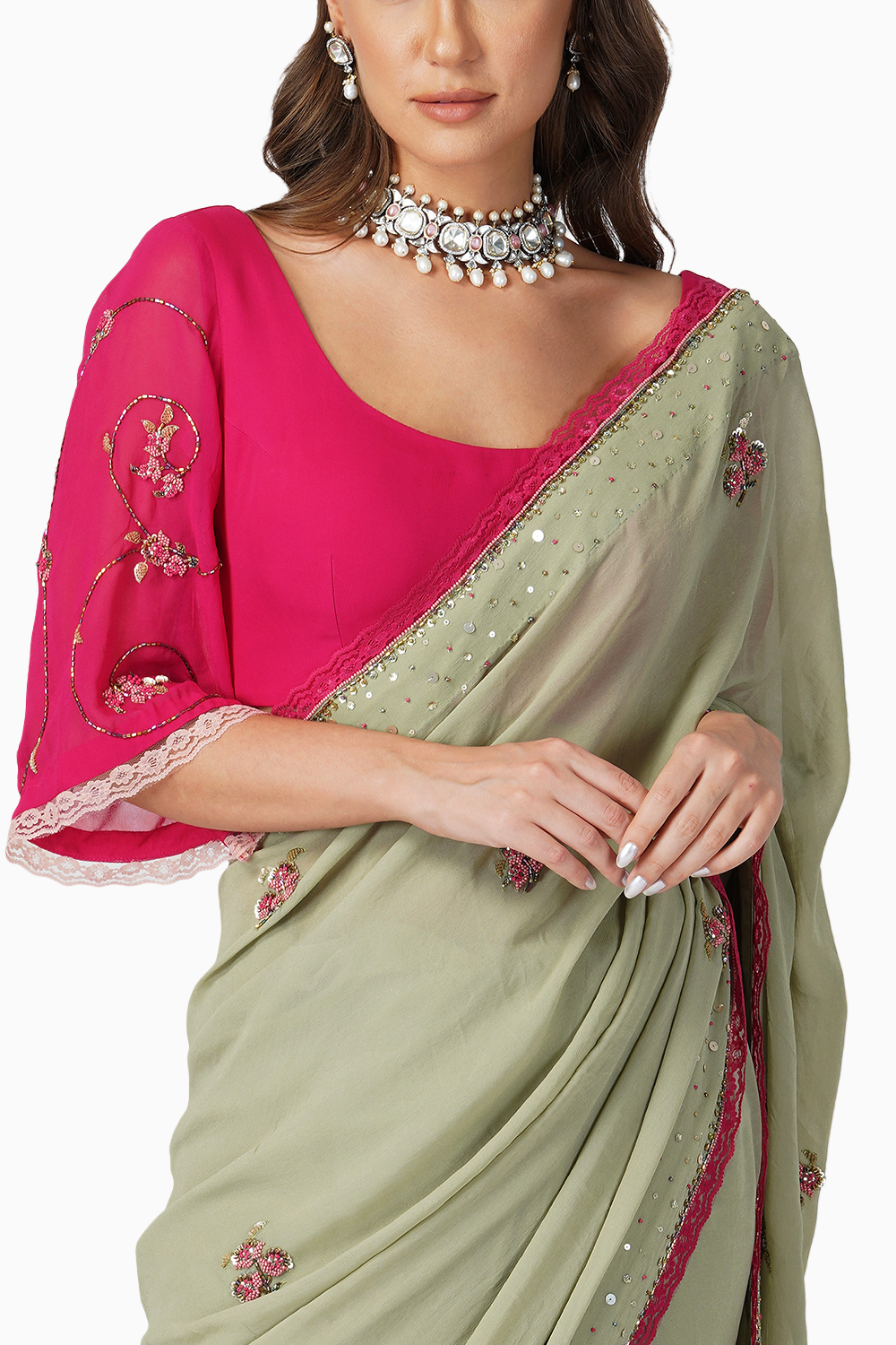 Beaded Flower Saree With Contrast Blouse