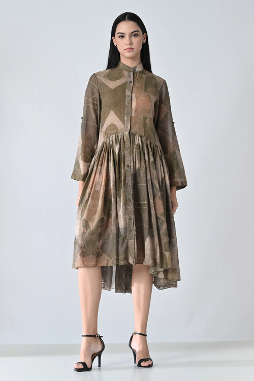 Beige Earth Muse Gathered Waistline Printed Dress