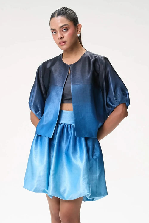Midnight Blue Ombré Bubble Sleeve Crop Jacket with Mini Bubble Skirt