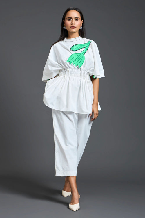 White Smocked Floral Peplum Co-ord Set