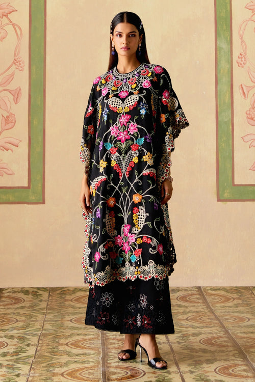 Black Floral Threadwork and Beadwork Kaftan