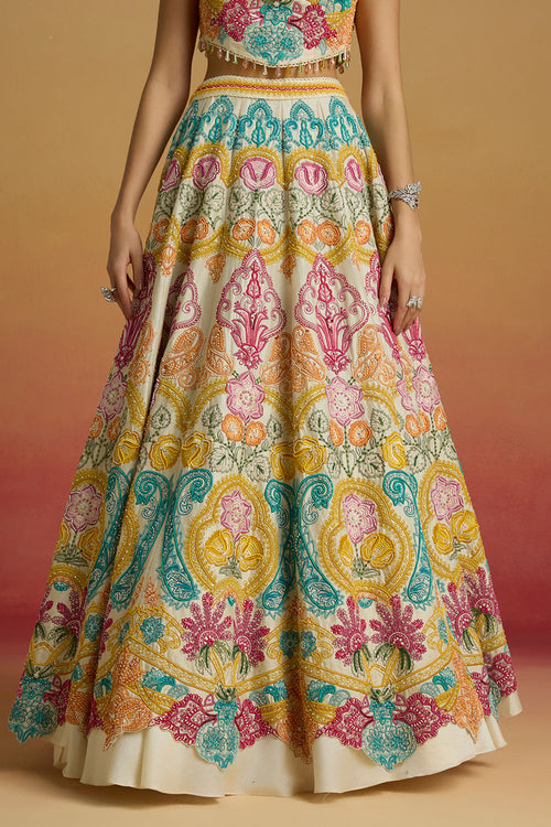 Ivory Multicolor Paisely Cordwork Bustier and Amaryllis Lehenga with Striped Dupatta