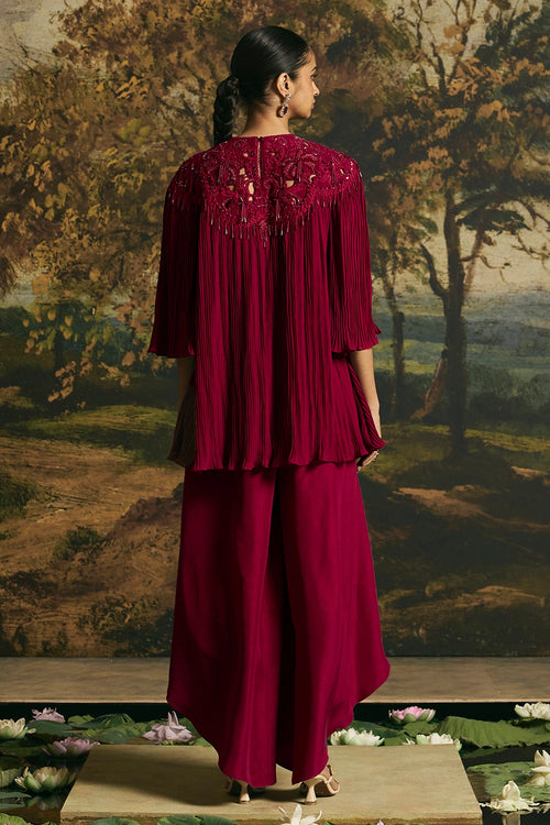 Cherry Red Cutwork Textured Tunic With Tulip Pants