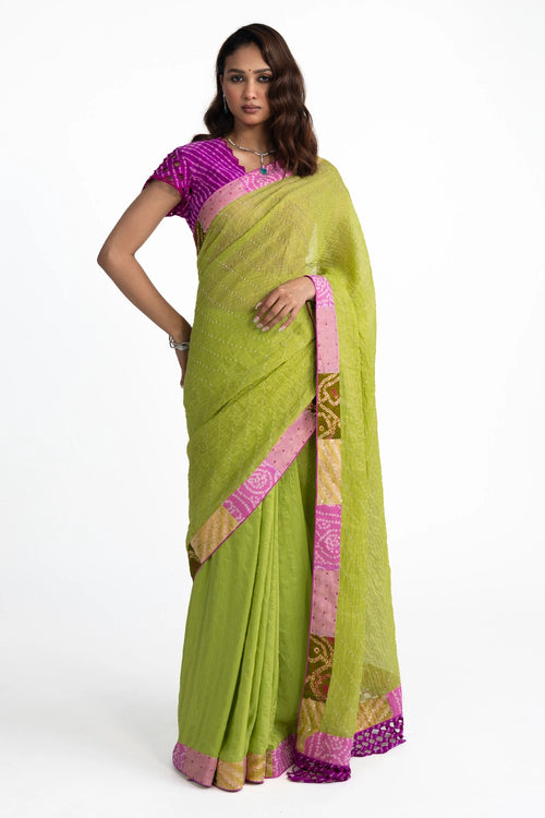 Green Bandhani Chanderi Saree