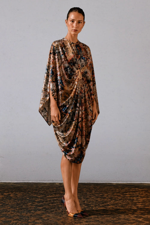 Floral Draped Silk Crepe Midi Dress