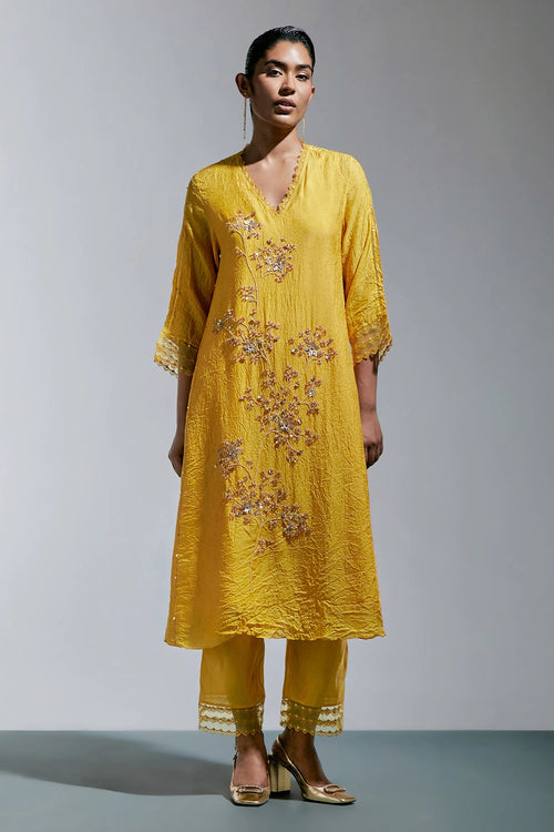 Amber Floral Embroidered Crushed Silk Kurta Set